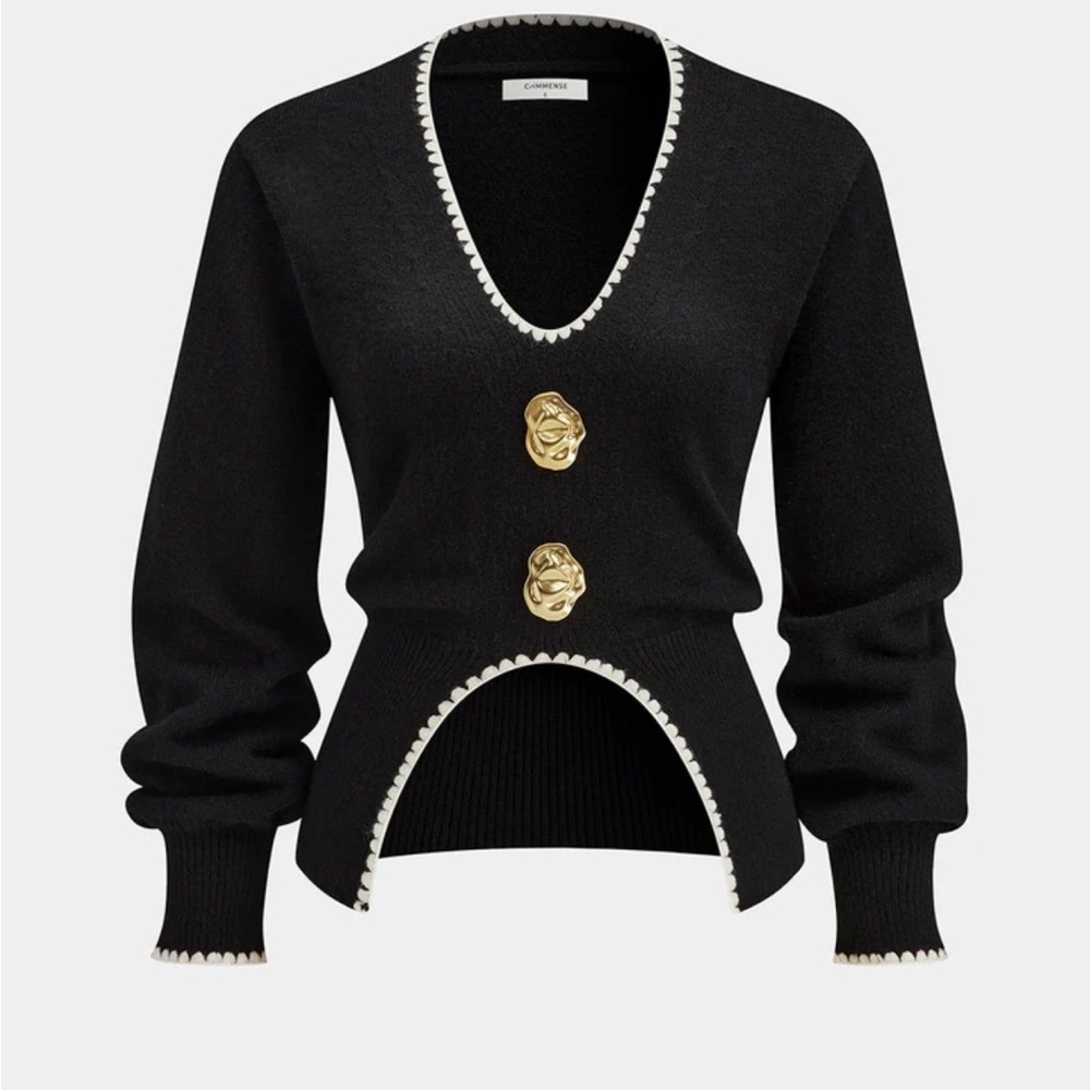 NWT Commense Buttoned Contrast Fringe Split Sweater Black Sz Small